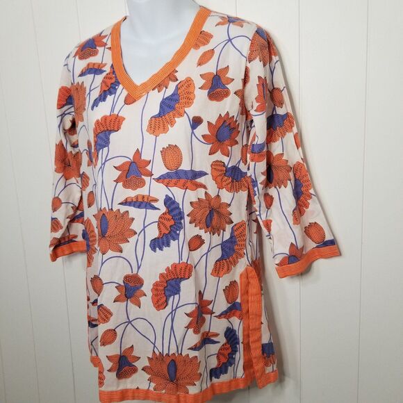 Gretchen Scott Floral Print Tunic Top Cotton White Blue Orange Size Small - Picture 3 of 8